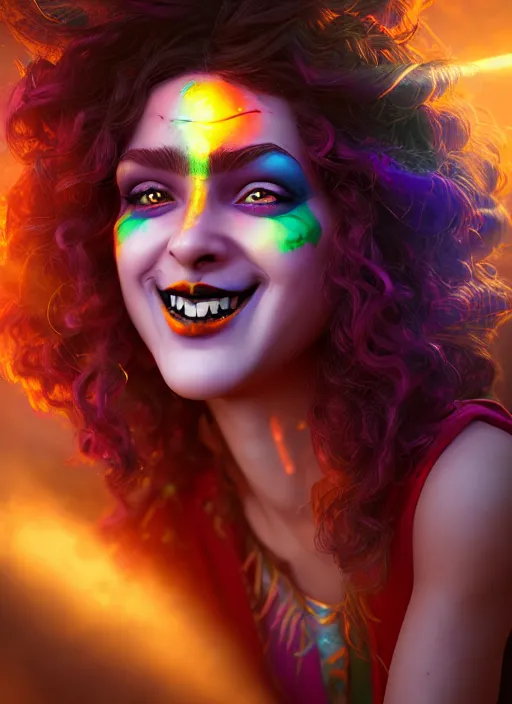 Prompt: an epic fantasy comic book style portrait painting of a girl wearing colorful makeup with a mischievous smile and curly brown hair stepping out of a doorway with light shining behind her, unreal 5, daz, hyperrealistic, octane render, cosplay, rpg portrait, dynamic lighting