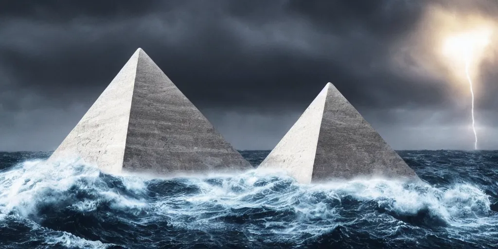 Prompt: titanium white pyramid in the middle of a stormy ocean, crashing waves, alien creatures scattered around, art direction by beeple, enigmatic scene, rembrandt lighting, y 2 k aesthetic, 4 k, high detail