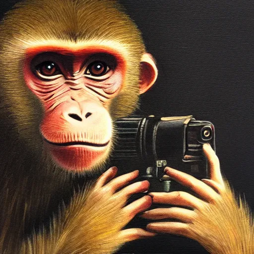 Image similar to a monkey holding camera in an oil painting, running freely, high detail, high polygon-W 768
