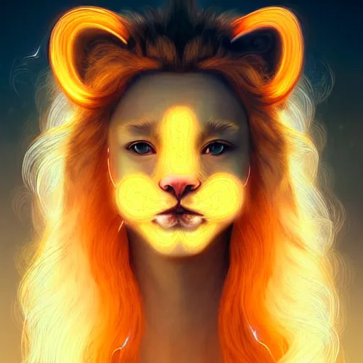 Image similar to Portrait of a girl angel with pale orange colored frizzy strands of illuminated hair, cat ears on her head, glowing halo, Lion's Mane, Lion's Gate, fantasy, intricate, elegant, highly detailed, digital painting, artstation, concept art, smooth, sharp focus, illustration, art by Krenz Cushart and Artem Demura and alphonse mucha