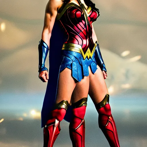 Prompt: A wide angle shot of athletic Wonder Woman from Justice League movie with athletic body, award winning photograph, 200mm F/2.0