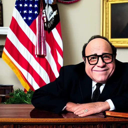 Prompt: closeup portrait of president danny devito!!! in the oval office, studio lighting, 8k