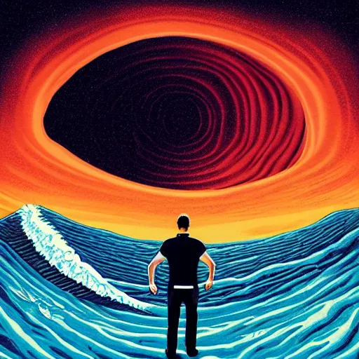 Prompt: a man standing in front of a giant wave, poster art by Jeffrey Smith, behance contest winner, pop surrealism, concert poster, poster art, movie poster