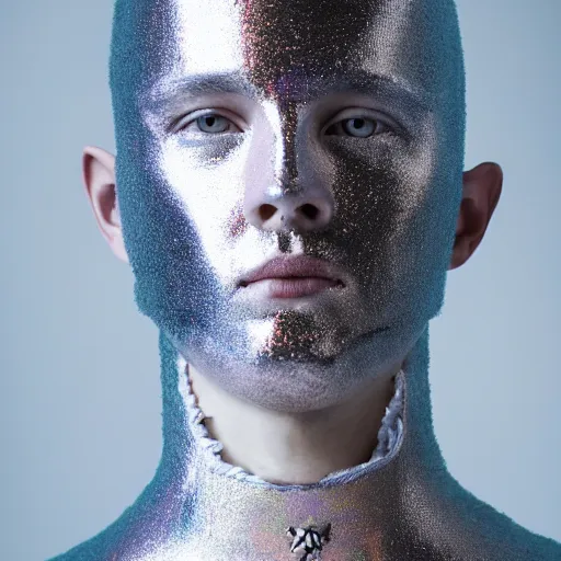 Prompt: a portrait of a beautiful young male wearing an alexander mcqueen armor made of holographic ghost, photographed by andrew thomas huang, artistic