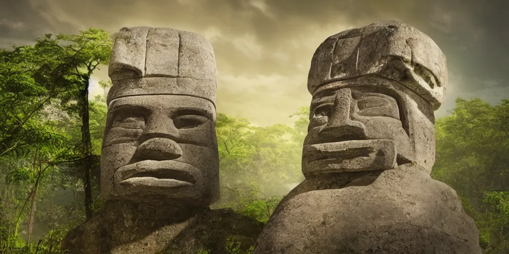 Prompt: olmec head statue on top of a column, at the center of a river delta in the amazon forest, dramatic landscape, volumetric light, digital art, trending on deviantart