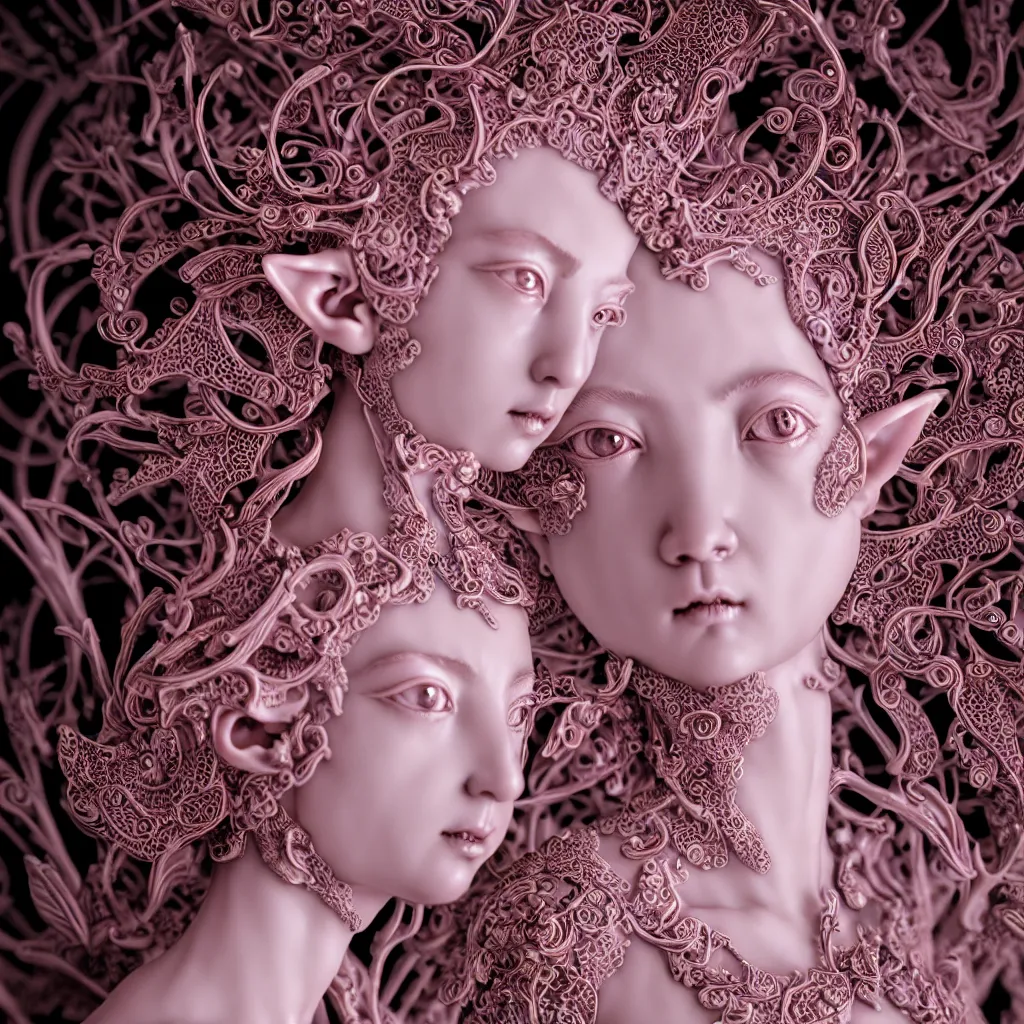 Prompt: A Close up photo-real delicate ceramic porcelain sculpture of an ornate detailed Elf in front of a intricate background by Victo Ngai and takato yamamoto, micro detail, backlit lighting, subsurface scattering, translucent, thin porcelain, octane renderer, neon lights, hot Pink and Black, physically based rendering, japanese pottery, trending on cgsociety