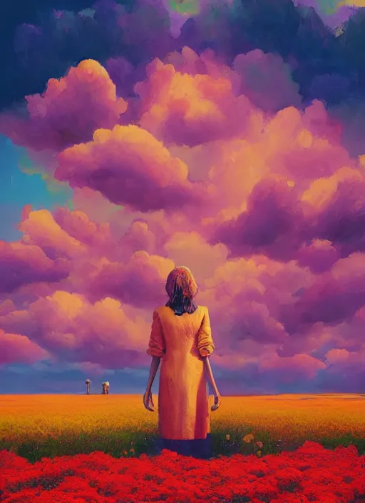 Image similar to portrait of a woman, face made of giant carnation, flower field, surreal photography, sunset dramatic light, impressionist painting, colorful clouds, large sky, digital painting, artstation, simon stalenhag