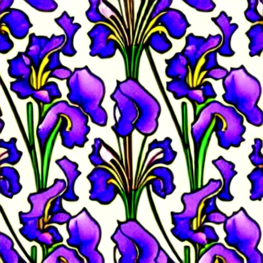 Prompt: a beautiful art nouveau repeating pattern of an iris flower