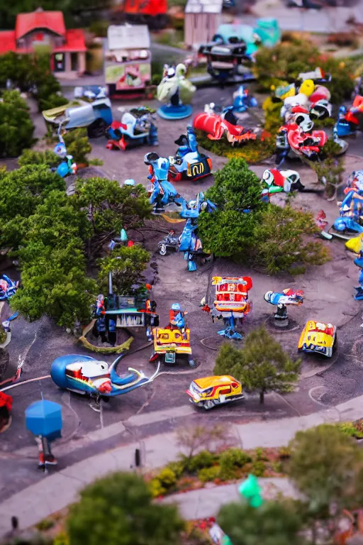 Image similar to high quality presentation photo of a a detailed miniature diorama of retro toy robots invading a detailed model of a 1950s town, photography 4k, f1.8 anamorphic, bokeh, 4k, Canon, Nikon