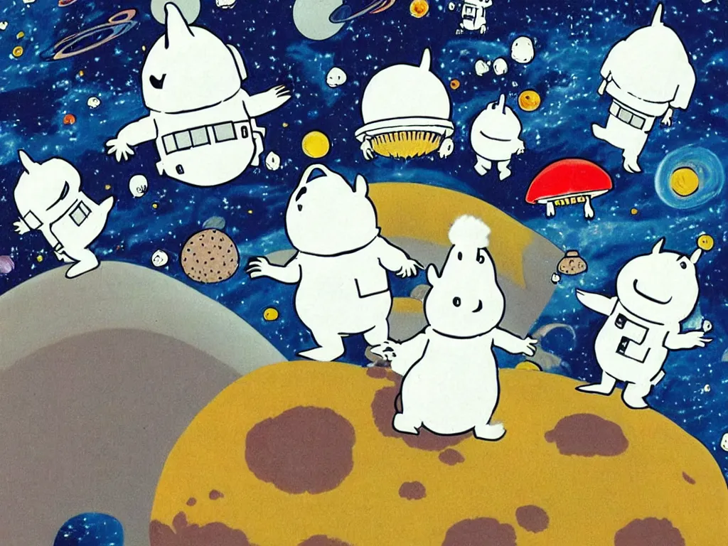 Image similar to moomins in space suits flying around with jetpacks discovering the mushroom planet, very cozy and fluffy and sweet