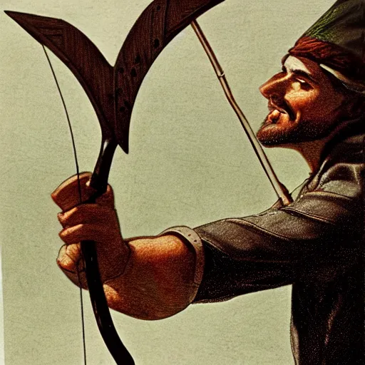 Image similar to Robin hood close-up, drawing an arrow from his quiver, matte painting