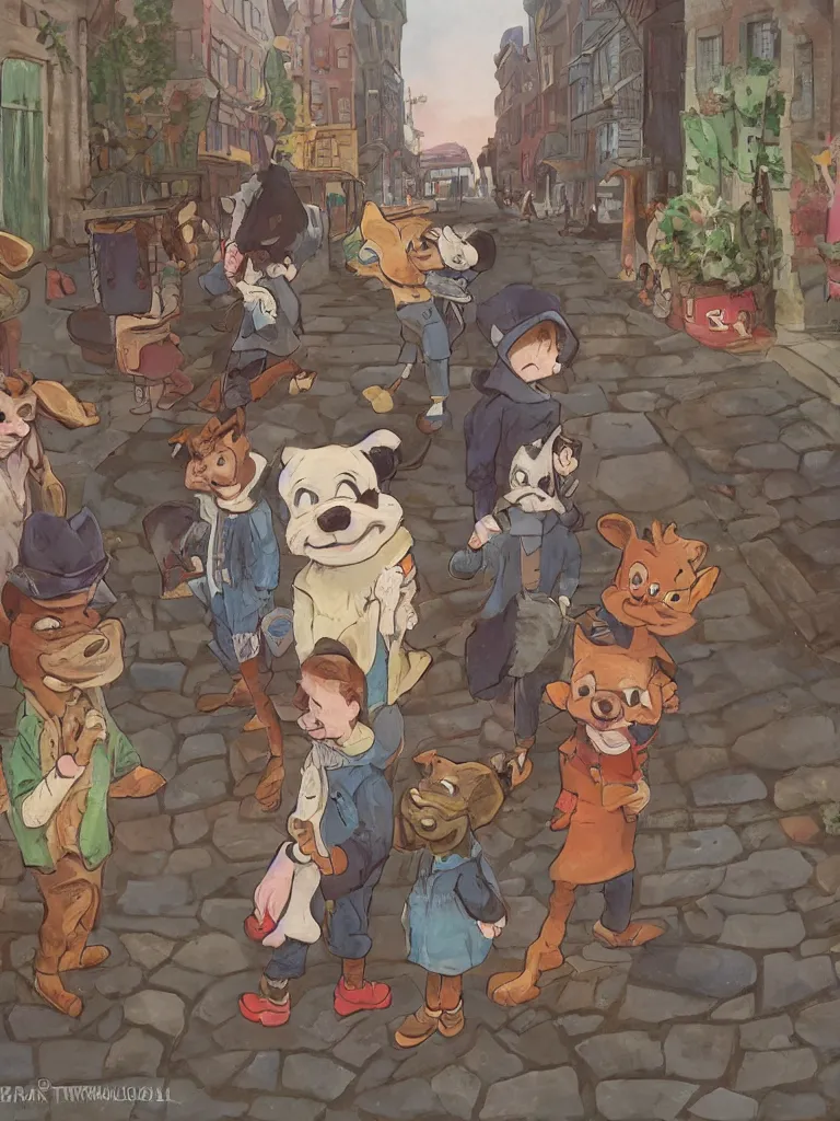 Image similar to three kids on the bottom center of the frame wearing vintage animal masks, standing in the middle of a cobble stone street in brooklyn, the lighting is godly and soft, whimsical, disney concept art style