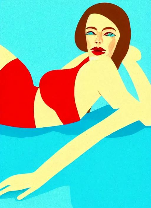 Prompt: portrait of a girl, in retro swimsuit, lying by the pool, minimalist illustration, flat colors, contrasting shadows art by anri matiss