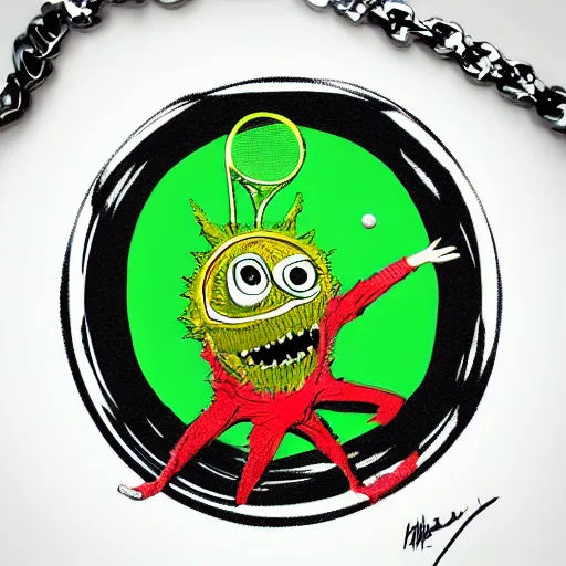 Image similar to a tennis ball monster , hip hop style, multiple gold chain necklace, digital art, fantasy, magic, trending on artstation, ultra detailed, professional illustration by Basil Gogos