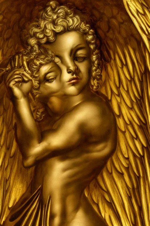 Image similar to fallen angel Lucifer, angry face, closeup, ultra detailed, made in gold, Guido Reni style