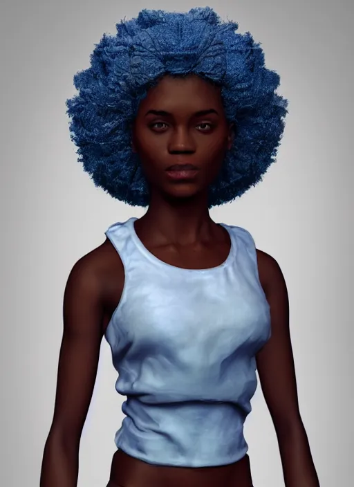 Image similar to [ african teen ]! with an [ afro, white tank top, and blue jeans ]!, matte painting!, afrofuturism! art style, trending on [ artstation ], award winning, intricate, [ full - body ]!, cgsociety contest winner, zbrush!, 3 d render