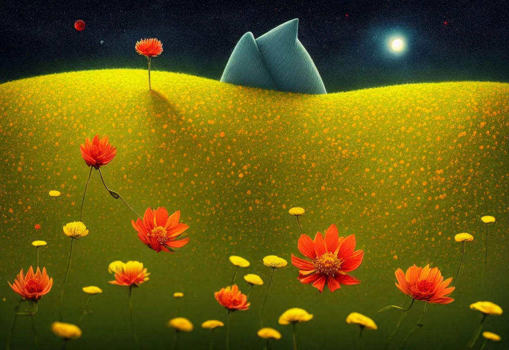 Prompt: by Gediminas Pranckevicius, Not often, but occasionally. A star is born in a flower. Nestled in a soft bed of pollen and petals it can grow in the most unlikely of places. Just waiting for a lucky creature to find it,night star sky background Galaxys, red and yellow flower, trending on artstation, WLOP