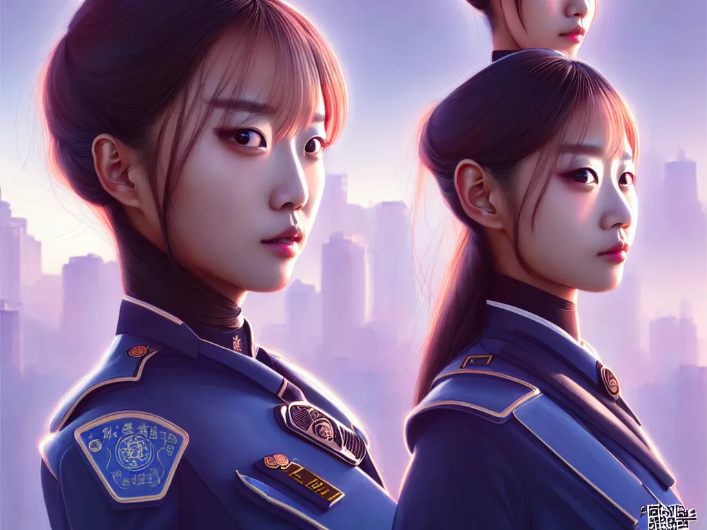 Image similar to portrait tzuyu, futuristic taiwan police uniform female, at future neon light rooftop, ssci - fi and fantasy, intricate and very very beautiful and elegant, highly detailed, digital painting, artstation, concept art, smooth and sharp focus, illustration, art by tan zi and ayanamikodon and alphonse mucha and wlop