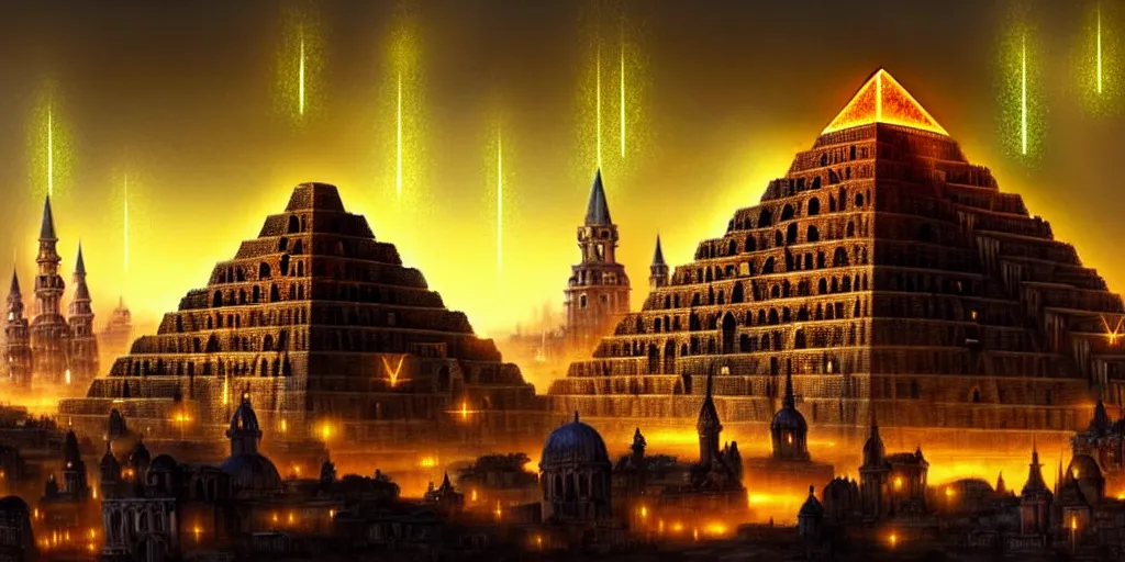 Image similar to magical city of the Great Tartarian Empire adorned with amazing lost technology, lighting resembling fireflies, spires from rooftops collecting and distributing etheric energy, the centerpiece of the city is a colossal ancient pyramid made of metal, cityscape, combining intense detail & utmost quality, Christian Hecker, Artstation, - H 832