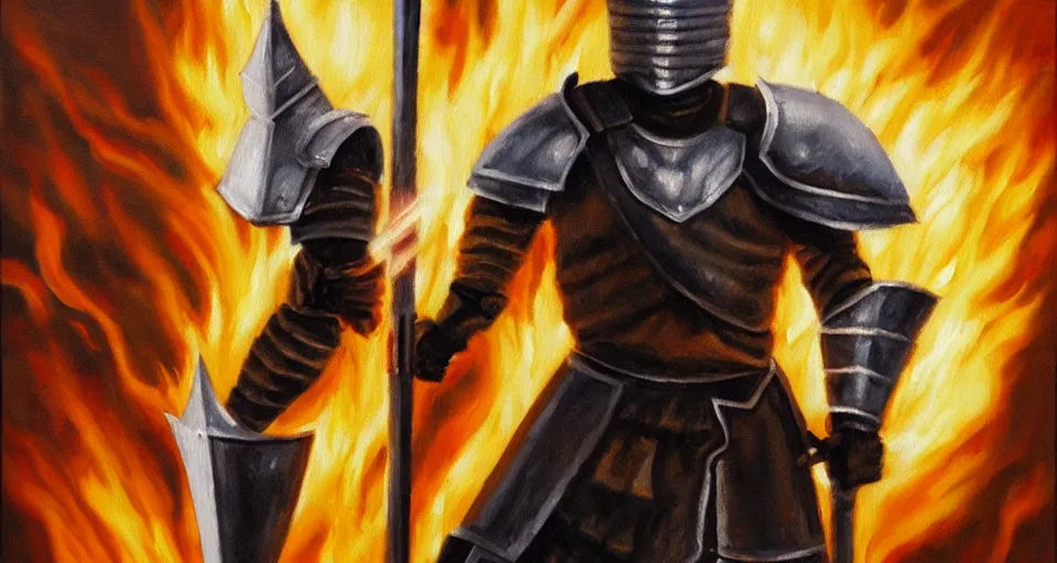 Image similar to An oil painting of a knight in dark metal armor wielding a flaming sword