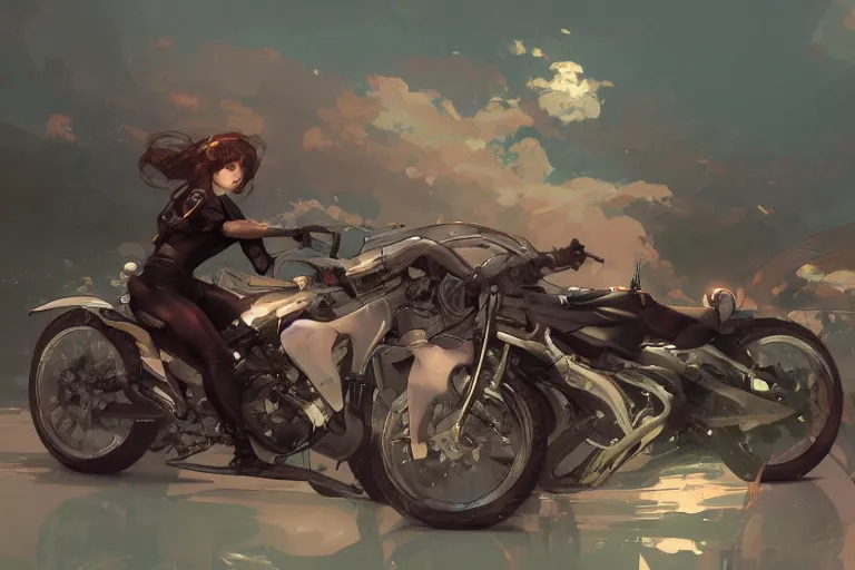 Image similar to a girl is riding a motorbike, digital painting, artstation, the space background,concept art, sharp focus, illustration, art by Krenz Cushart and Artem Demura and alphonse mucha