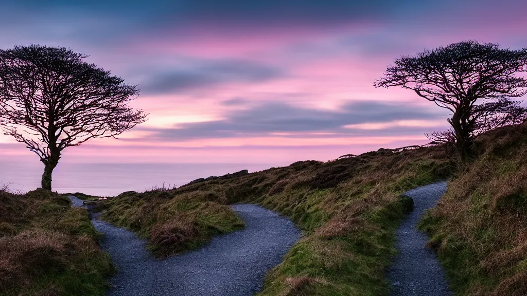 Prompt: 100 mm, 1/1000 sec, f/2.8, ISO 100 glorious magical cinematic scene of a trail on howth hill just after sunset