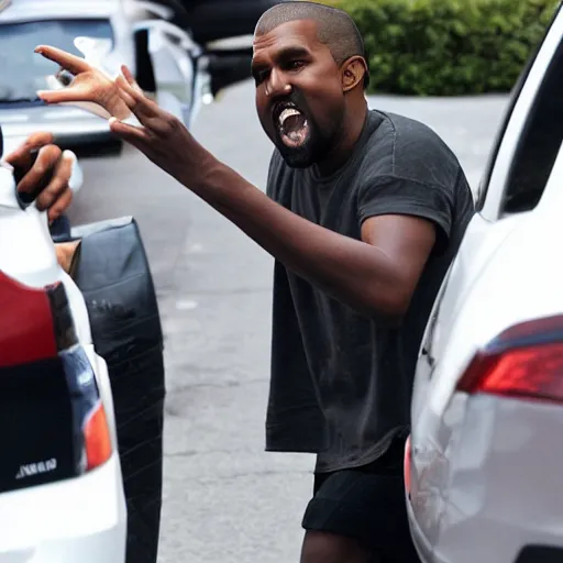 Prompt: kanye west shouting and screaming frantically at mcdonalds drive trough employee