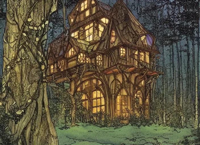 Prompt: house in a clearing in the middle of the forest, beautifully lit, steampunk, by rebecca guay and francois schuiten