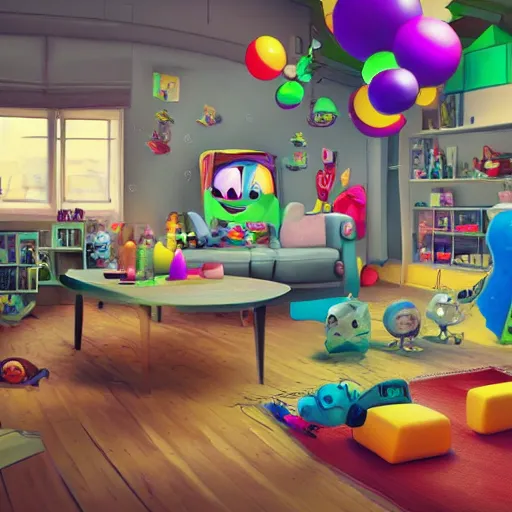 Prompt: beautiful katamari crazy interior of a house, lots of items toys all over the floor and walls, cartoon pixar style, volumetric lighting, bright refined highly detailed background, 3d model pixar render