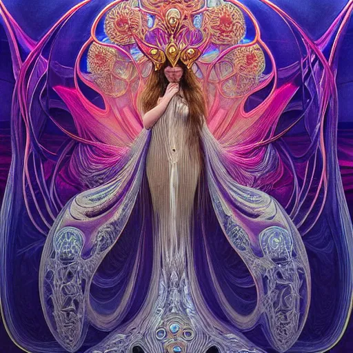 Image similar to queen of the galaxy by alex grey, zaha hadid, zdzisław beksinski, alphonse mucha. highly detailed, hyper - real, very beautiful, intricate fractal details, very complex, opulent, epic, mysterious, polished, futuristic design, trending on deviantart and artstation