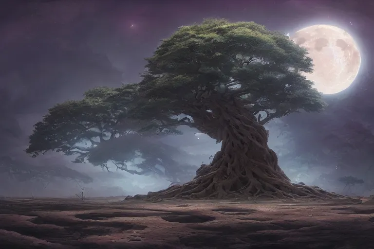 Prompt: a tree that reaches the moon and the starts with its roots destroying the surface of the earth, mesmerizing, fantastical, concept art, highly detailed, artstation, trending, feng zhu, shaddy safadi, noah bradley, tyler edlin, jordan grimmer, darek zabrocki, neil blevins, tuomas korpi