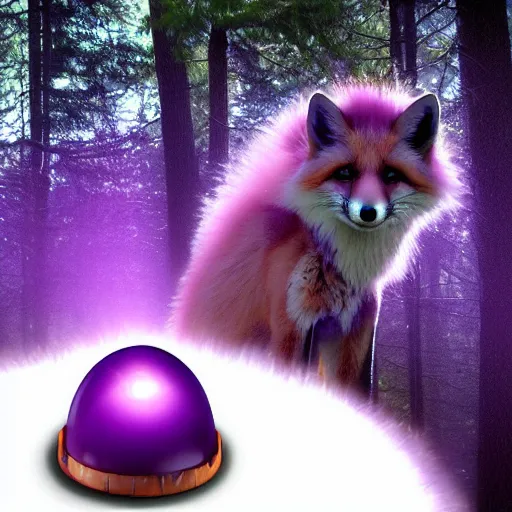 Image similar to a purple fox with a long fluffy and shiny coat sits in the forest on a ufo flying saucer. super realistic photo. clear details