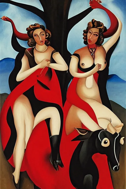 Prompt: highly detailed painting of gemini goddesses wearing red flamenco dresses while they ride a black bull by tamara de lempicka