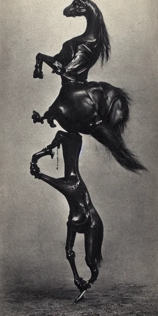 Prompt: [ [ t rex ] ] and a horse with leg high heels, walk, soft, black and white, photograph, 1 8 5 0 s