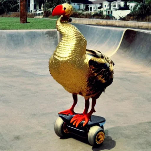 Prompt: a dodo with a gold chain around its neck, on a hover board at a skate park near the beach, 1990s cartoon