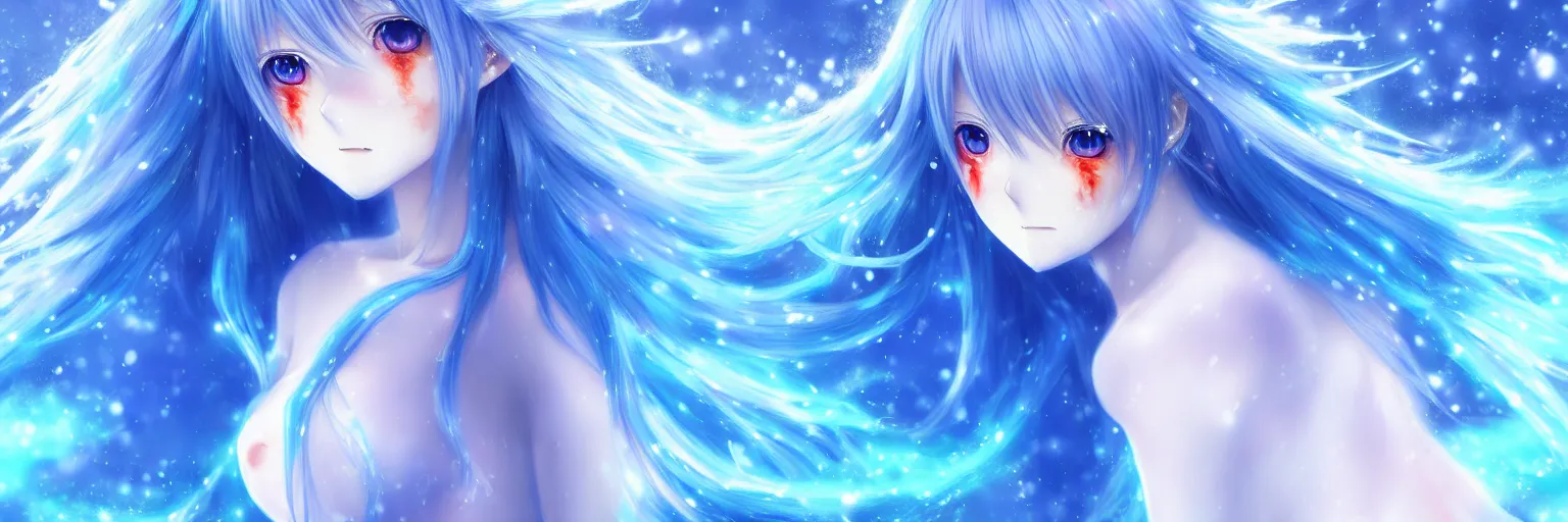 Image similar to advanced digital anime art, a very cute gorgeous teenage girl with a body made of fire and ice , full body, very long snow colored hair, sky blue highlights in hair, red fiery watery eyes, wearing a dress made of water, full round face, dramatic cinematic lighting, wideshot, highly intricately detailed, trending on pixiv, Artstation, painted by Rossdraws and the style of Sakimimichan