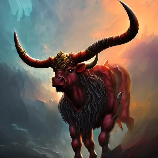 Image similar to epic bull headed minotaur beast in noble armor wielding giant axe, artwork, vivid colors, concept art, greek mythology, detailed, modern design, dark fantasy, digital painting, artstation, d&d