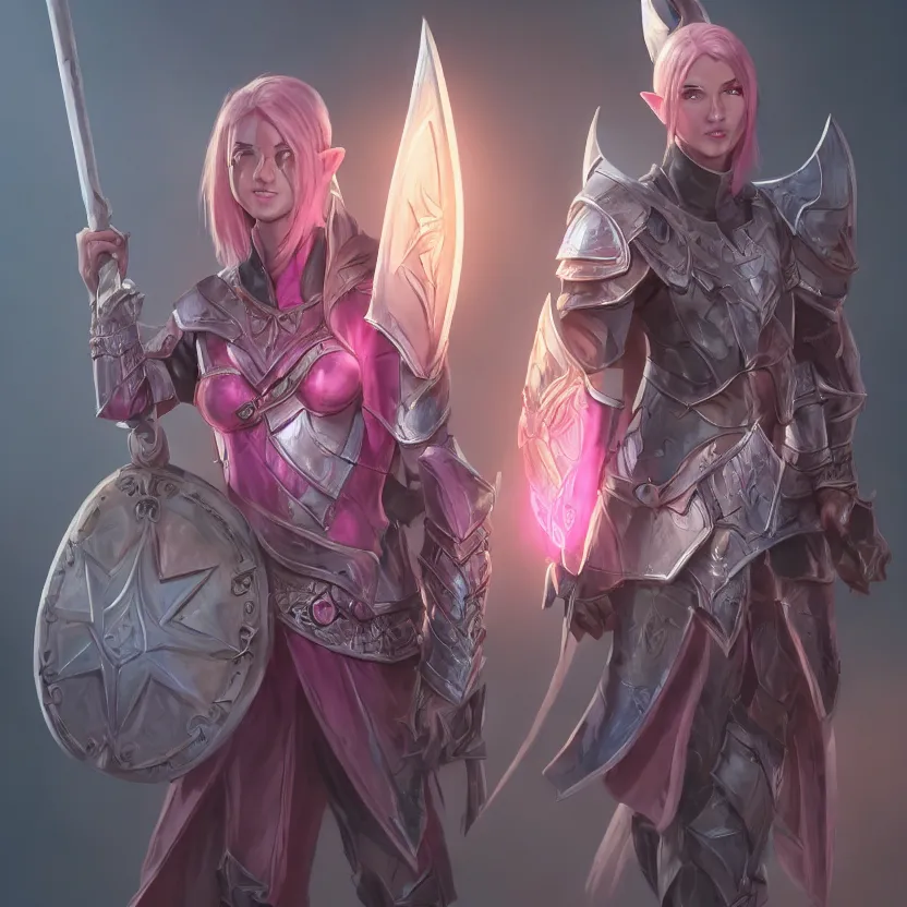 Image similar to beautiful well built pink short haired half elf woman healer wearing cleric armor and holding a shield, dungeons and dragons, character portrait, character design, full rendered illustration, 4 k, 8 k, hyper detailed, back lighting, cinematic lighting, intrinsic detail