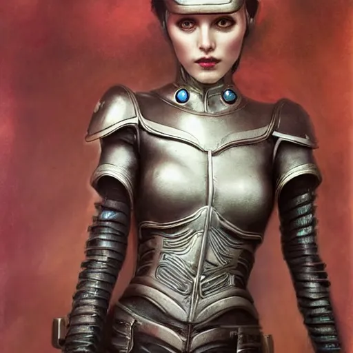 Prompt: tom bagshaw, curiosities carnival, photorealistic medium shot soft paint of a single beautiful cosplay full long futuristic metallic armor very tight metal ornate face, gynoid body, accurate features, focus, very intricate ultrafine details, award winning masterpiece