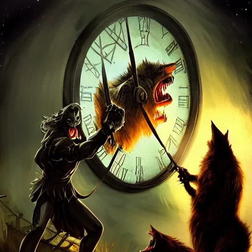 Prompt: a vampire fighting a werewolf at night in front of a giant clock face, spooky, exciting, cinematic, sharp, highly detailed digital art, trending on artstation, fantasy, occult, dramatic lighting, cinematic scene, frank frazetta, visually stunning