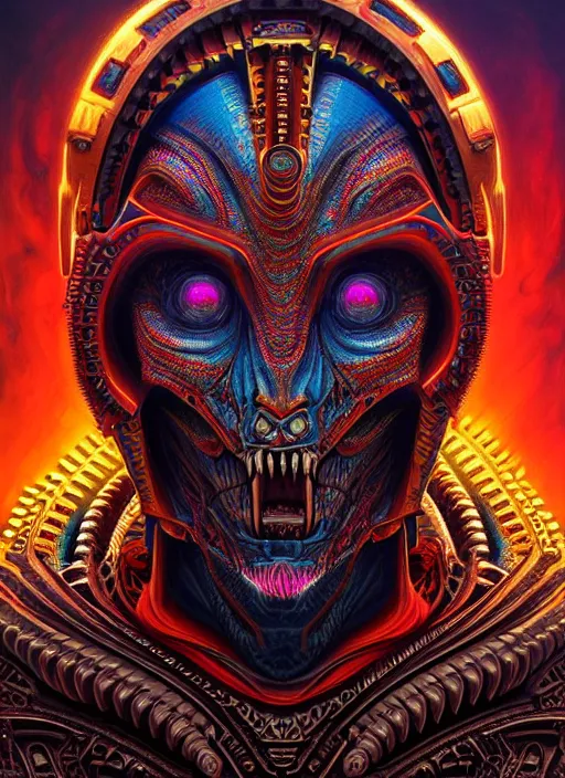 Image similar to hyper detailed ultra sharp of a aztec biomechanical warrior trance man. trending on artstation, demon paint aesthetic, hellwave, colorful, psychedelic, ornate, intricate, digital painting, concept art, smooth, sharp focus, illustration, art by artgerm and greg rutkowski and h. r. giger, 8 k