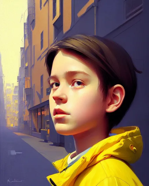 Image similar to stylized portrait of an artistic pose, composition, young kid with a yellow raincoat, standing in an empty steet, realistic shaded, fine details, realistic shaded lighting poster by ilya kuvshinov, magali villeneuve, artgerm, jeremy lipkin and michael garmash and rob rey