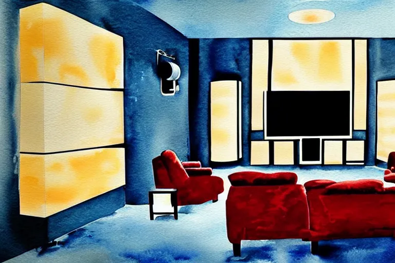 Prompt: very wide angle, a modern home movie theater with big screen, stylish wall sconces, old popcorn machine!, movie posters!, very happy and cozy, interior designed by kelly wearstler, rough watercolor painting