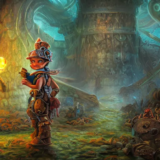 Prompt: rescue from the underworld, shadows of the past, The Mekanik Doll, chubby moss kitten, by jeff easley and Dylan Kowalski, highly detailed, digital painting, HDRI, by vivid colors, high contrast, 8k resolution, intricate, beautiful and thematically complex, smooth