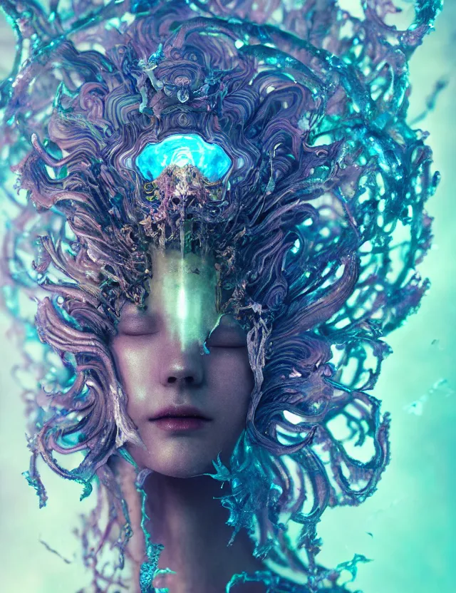 Image similar to goddess macro close - up portrait wigh crown made of ram skull. betta fish, jellyfish phoenix, bioluminiscent, plasma, ice, water, wind, creature, super intricate ornaments artwork by tooth wu and wlop and beeple and greg rutkowski