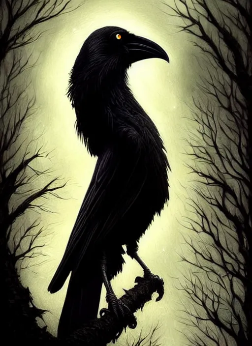 Prompt: side portrait dark crow on tree in front of the full big moon, fine art, awesome fantasy book cover on Pinterest, award winning, fantasy forest landscape, fantasy magic, dark golden light night, intricate, elegant, sharp focus, illustration, highly detailed, digital painting, concept art, matte, art by WLOP and Artgerm and Greg Rutkowski, masterpiece, trending on artstation