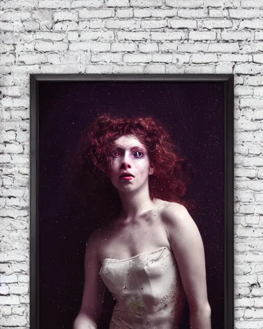 Prompt: a beautiful and eerie baroque painting of a gorgeous young woman in dead space, with wild curly hair and haunted eyes and freckles, 1 9 7 0 s, seventies, space station, neon light showing injuries, delicate ex embellishments, painterly, offset printing technique