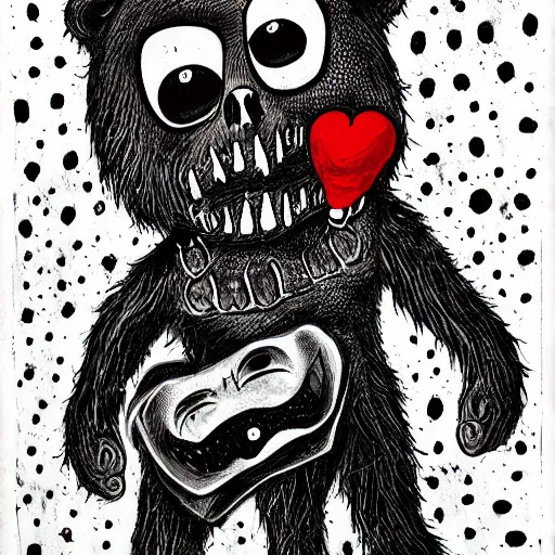 Prompt: dark art cartoon grunge drawing of a teddy bear with a duct taped mouth playing with with toys with bloody eyes by tim burton - loony toons style, horror theme, detailed, elegant, intricate, trending on art station