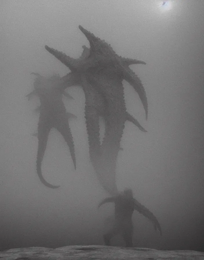 Image similar to very low - resolution found footage of a couple escaping in the city from a starfish kaiju monster, fog, foggy, korean film noir, monochrome, red hue, thriller, underdeveloped, epic, dramatic