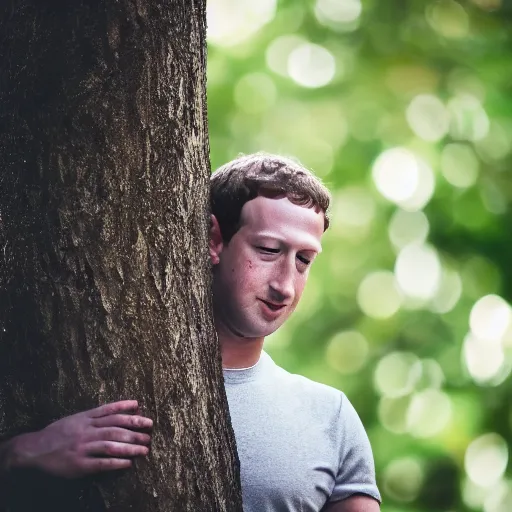 Image similar to high quality photo of mark zuckerberg hiding behind a tree, photography 4k, f1.8 anamorphic, bokeh, 4k, Canon, Nikon